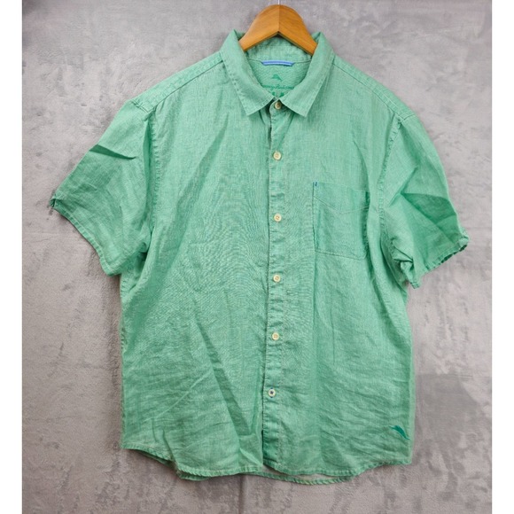 Tommy Bahama Relax Mens XL Linen Shirt Green Solid Hawaiian Coastal - Picture 1 of 6